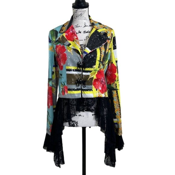 Petit Pois Tops - Petit Pois By Viviana G Sequin Jacket Womens M Art To Wear Lace Trim Floral